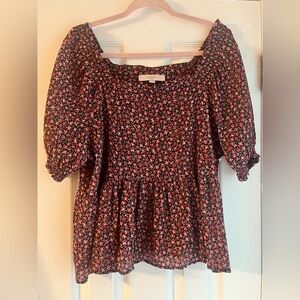 LOFT Black and Pink Smocked Floral Top